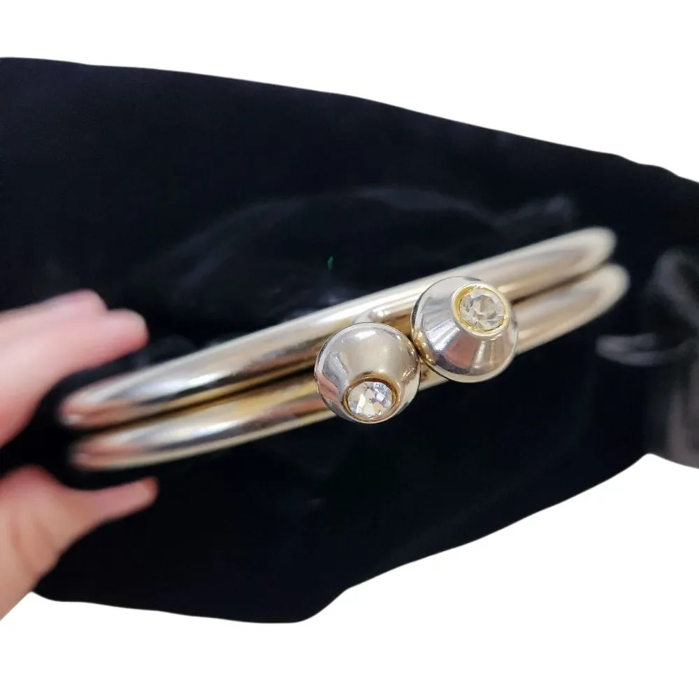 Vintage Black Velvet Fold Over Clutch Evening Bag Rhinestone Clip Frame Retro